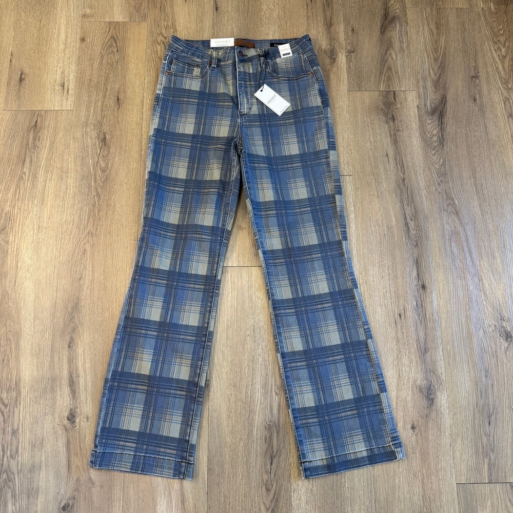 Judy Blue High Waist Straight Fit Plaid Jeans Blue Tan Stretch Size 11/30 NWT